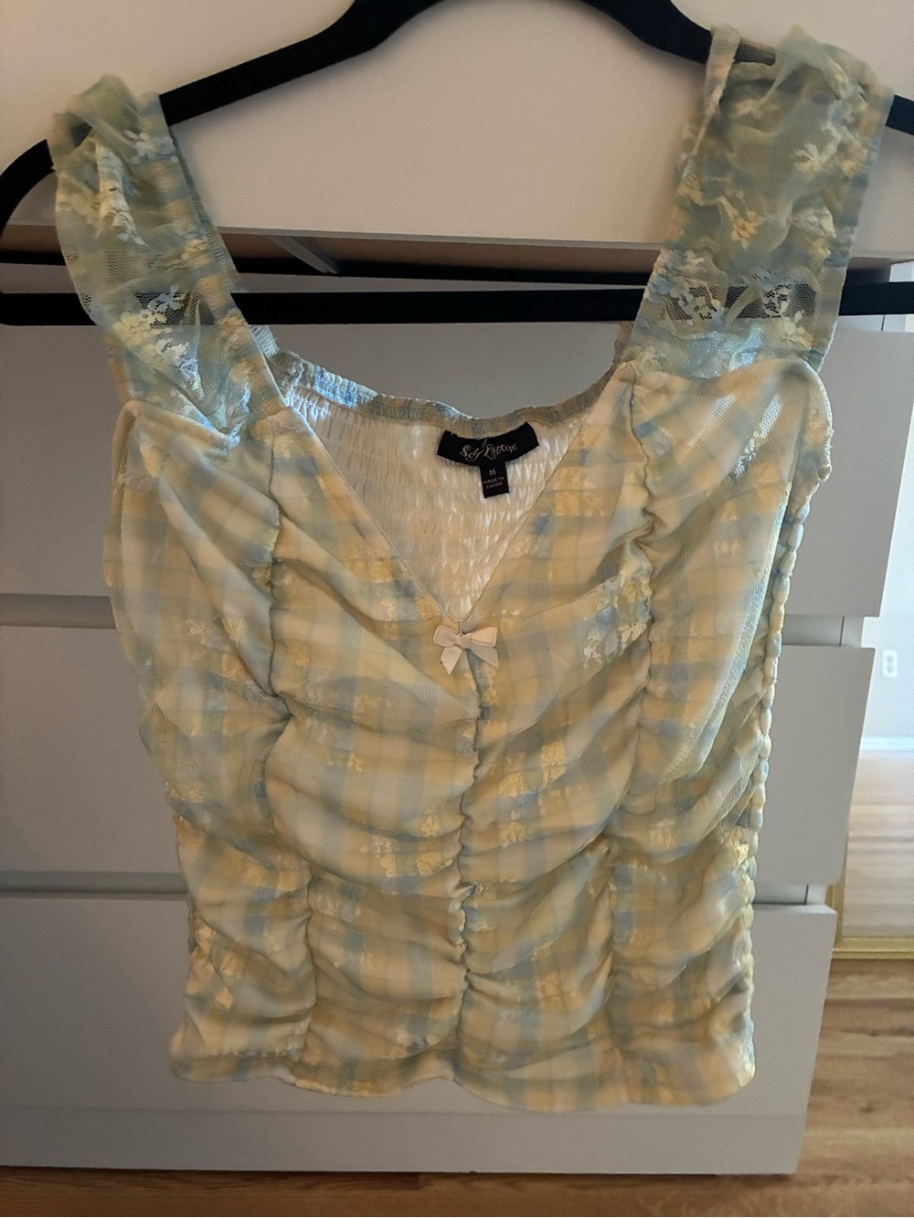 Self Esteem Pastel Plaid Ruched Lace Tank Top | Size:Medium